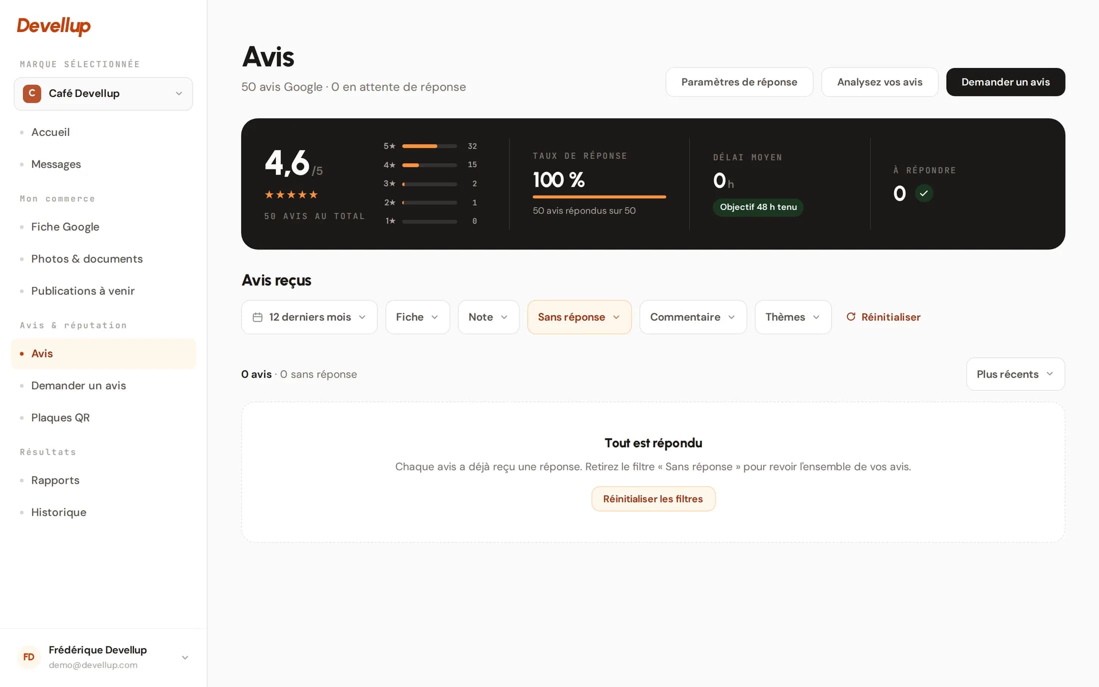 La page Avis de l'espace Devellup : note moyenne, taux de réponse, délai moyen et la liste des avis avec leurs réponses