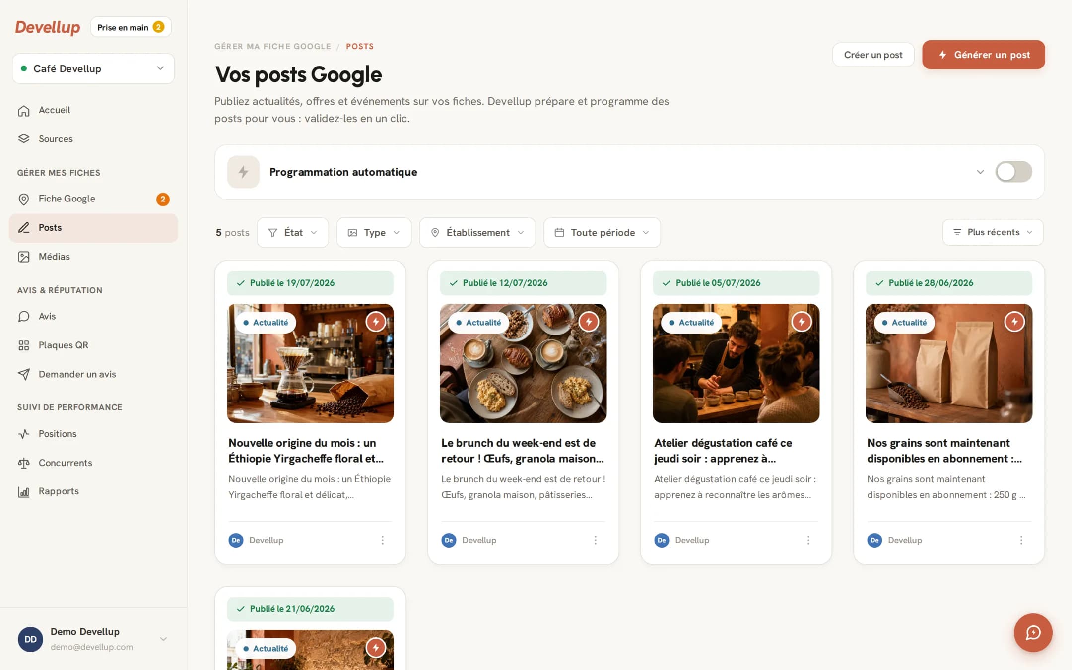 Page Posts de Devellup : trois publications Google déjà en ligne, avec leur date de publication et la programmation automatique