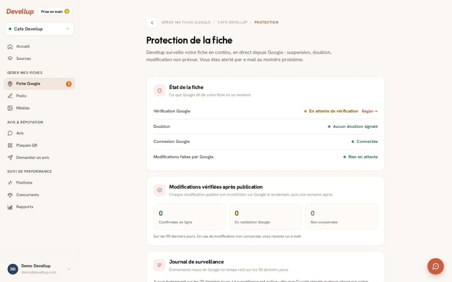 Page Protection de Devellup : état de la vérification Google, doublon, connexion, modifications faites par Google et journal de surveillance