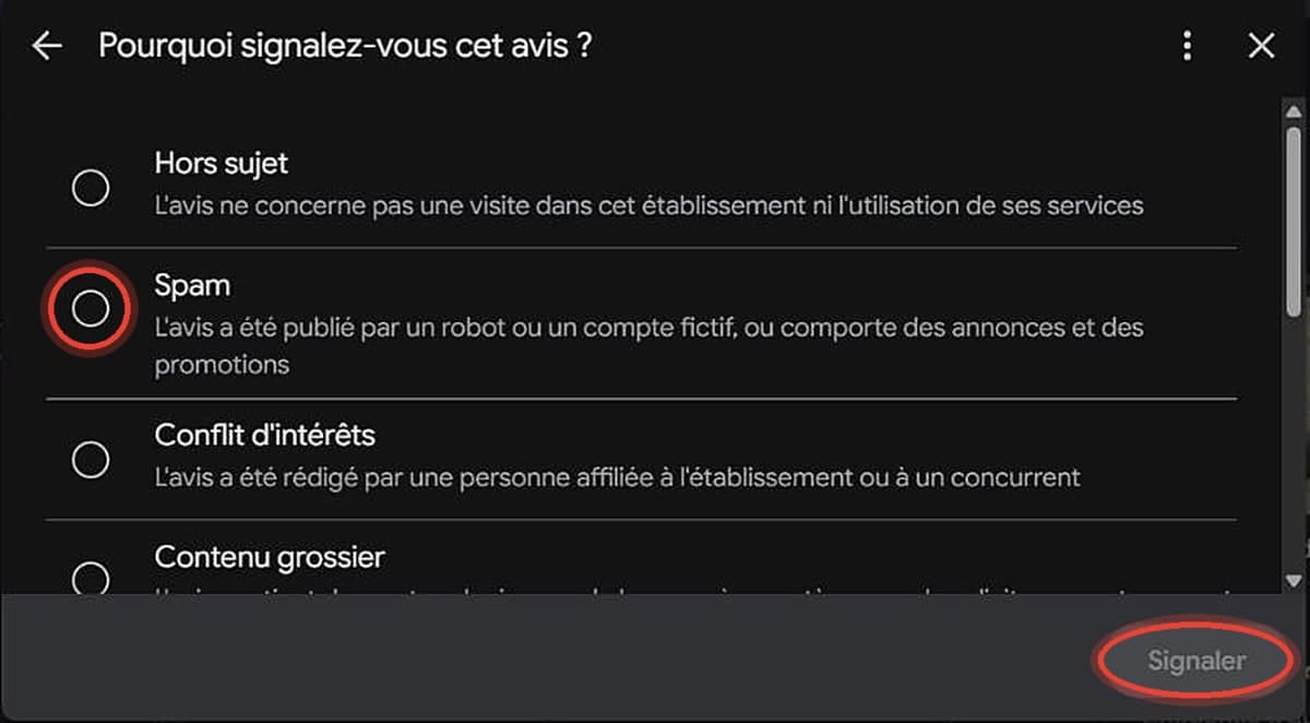 Formulaire de signalement d'un avis Google : choix du motif