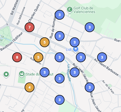 Carte montrant les 17 positions géographiques trackées autour de votre établissement