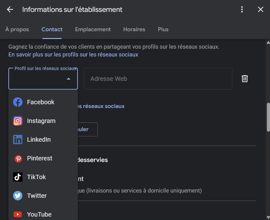 Connexion des réseaux sociaux dans Google Business Profile