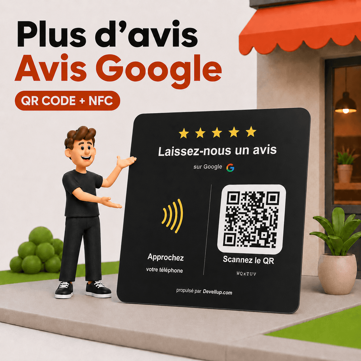 Plaque noire devant une boutique : plus d'avis Google, QR code + NFC